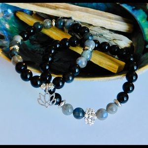 Protection Lotus Charm Crystal Bead Bracelet Stack Obsidian Labradorite Silver